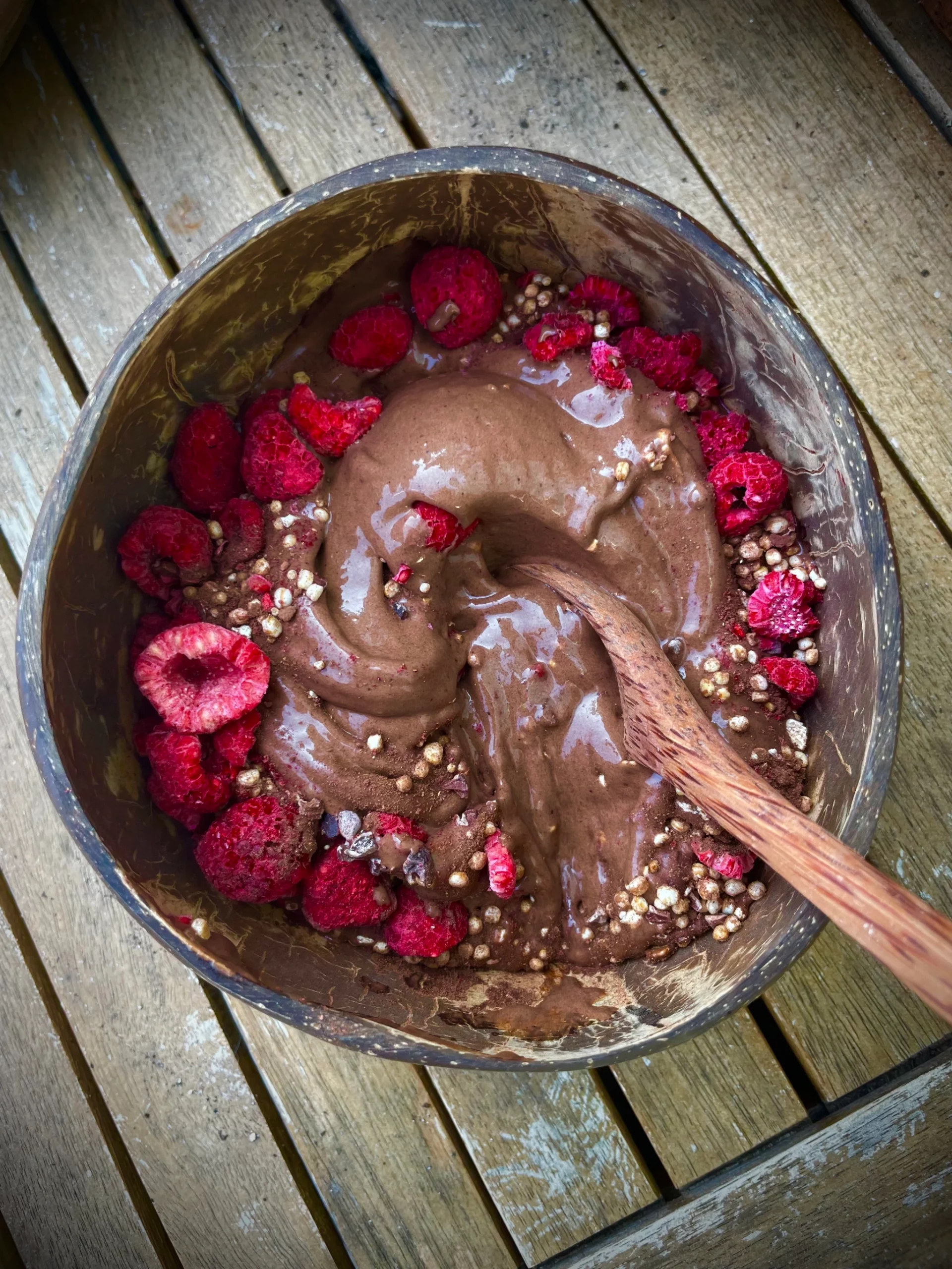 a bowl of vegan chocolate nice cream topped with raspberries and cacao nibs