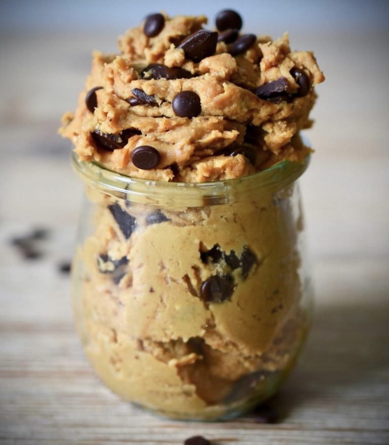 Tasty-looking vegan chickpea cookie dough in a small glass dish