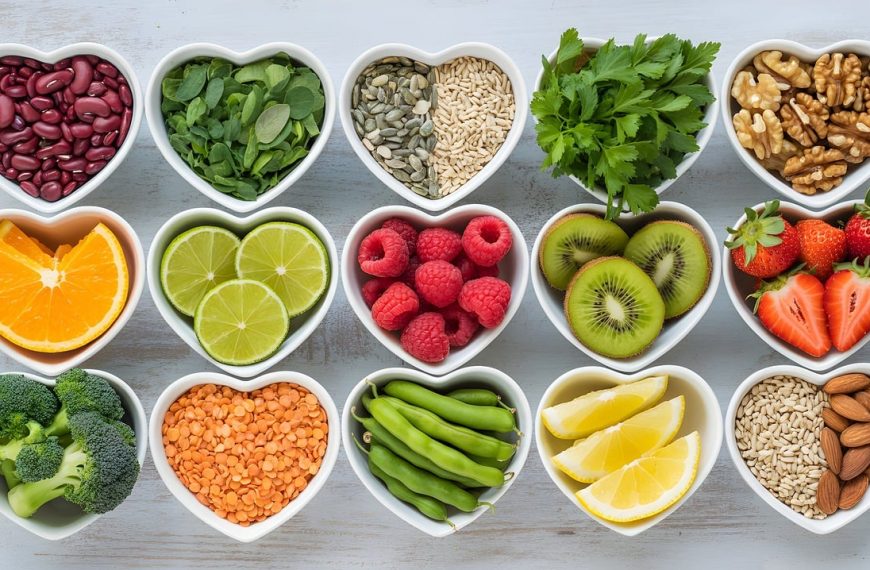 multiple small heart-shaped dishes showing fresh fruit, veg, nuts, and seeds