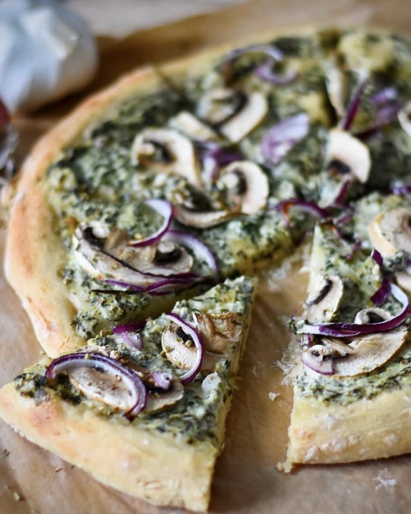 Vegan White Pizza with Spinach & Mushrooms