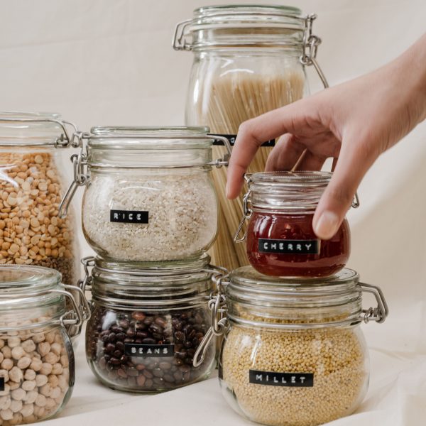 pantry staples in glass jars