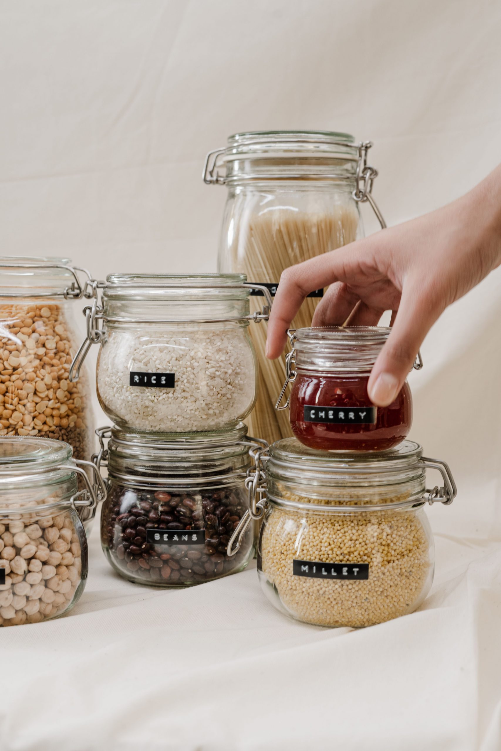 pantry staples in glass jars