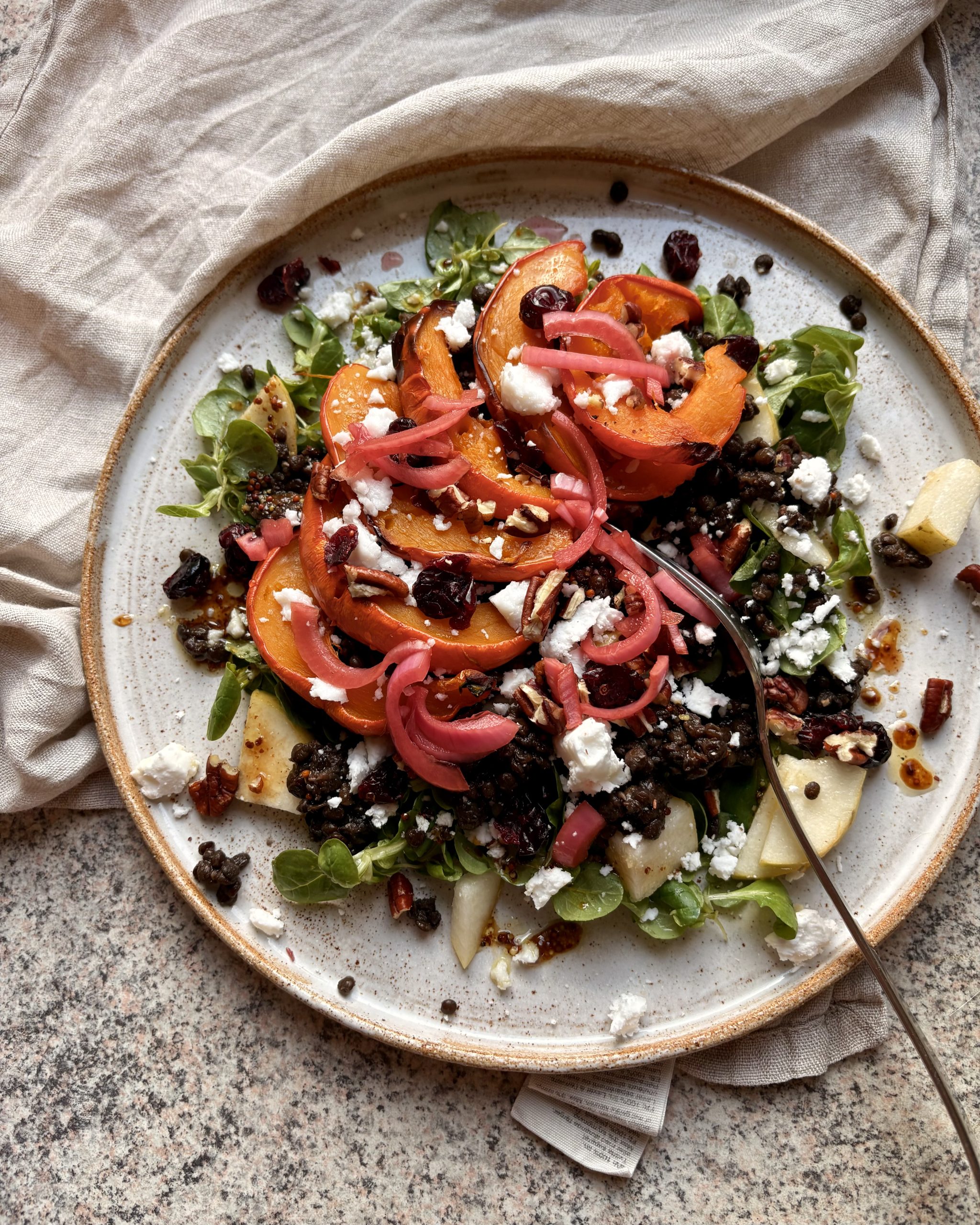 Roasted Pumpkin, Pear & Lentil Salad on a plate
