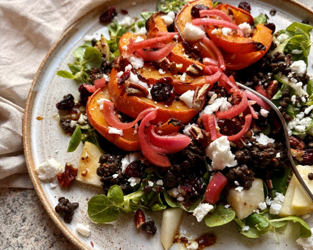 Roasted Pumpkin, Pear & Lentil Salad on a plate